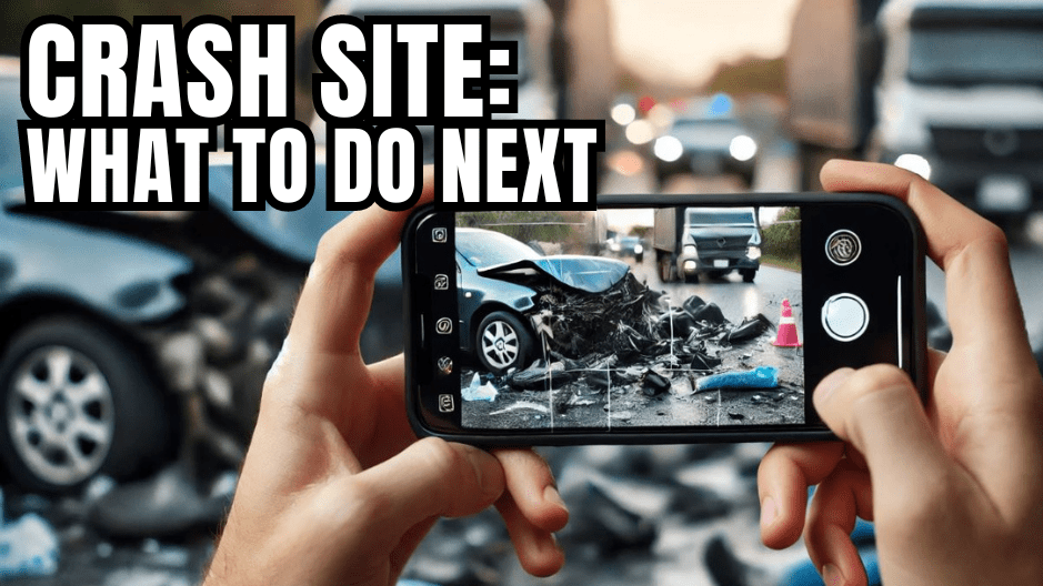 Image of a person taking photos at a crash site with the words 