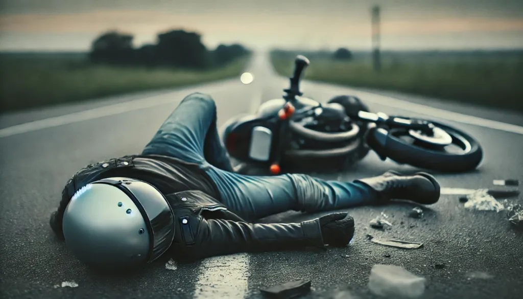 Image of a motorcyclist laying on the road after a motorcycle crash