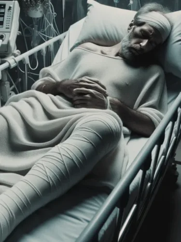 Somber photo representation of a man, showing signs of weariness, lying in a hospital setting. His head is wrapped in bandages, and his leg and arm are injured