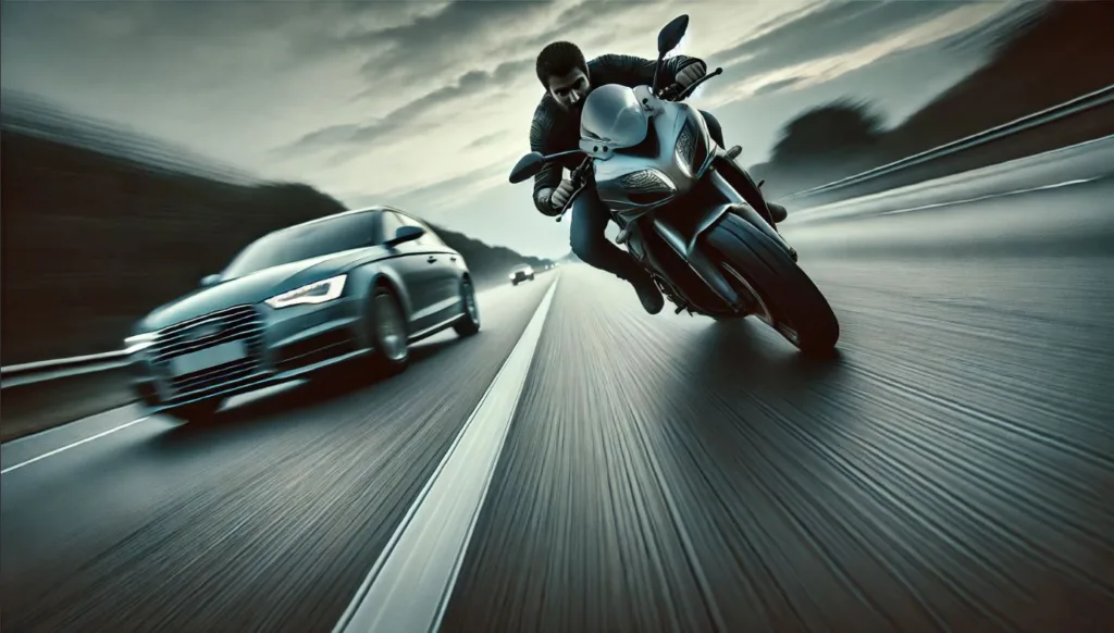 A motorcycle passes a car on a highway at high speeds.