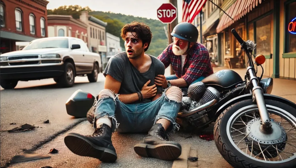 Image of a shocked motorcycle accident survivor and a man trying to help him