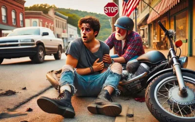 A distressed young man sits on the street, holding his chest, next to his crashed motorcycle. An older biker wearing a helmet supports him, while other vehicles and a stop sign are visible in the background.