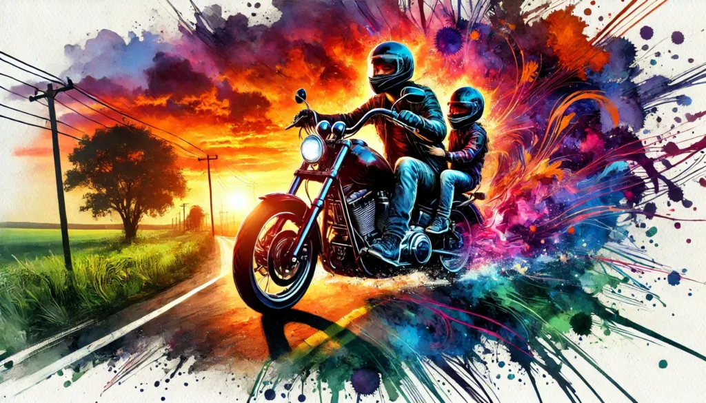 Stylized watercolor splash illustration with vivid colors illustrating a motorcycle rider safely riding with a passenger.