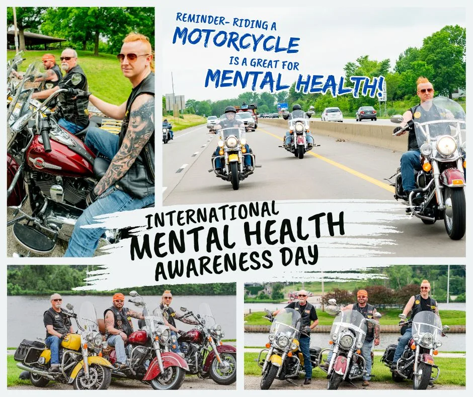 Collage of the biker lawyers on their motorcycles for Mental Health Awareness Day