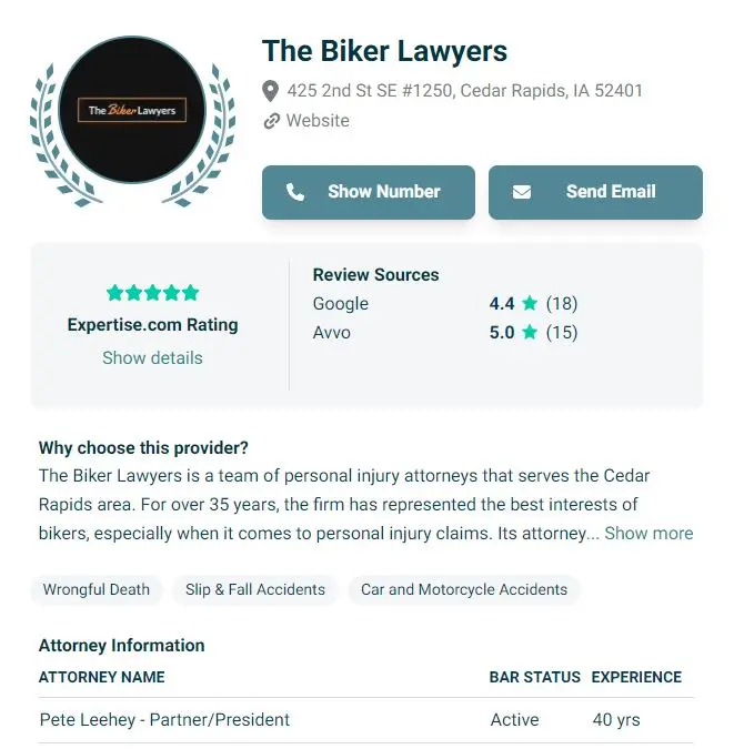 Image containing rating information from Expertise.com naming The Biker Lawyers among the Top Personal Injury Law Firms in Cedar Rapids, Iowa