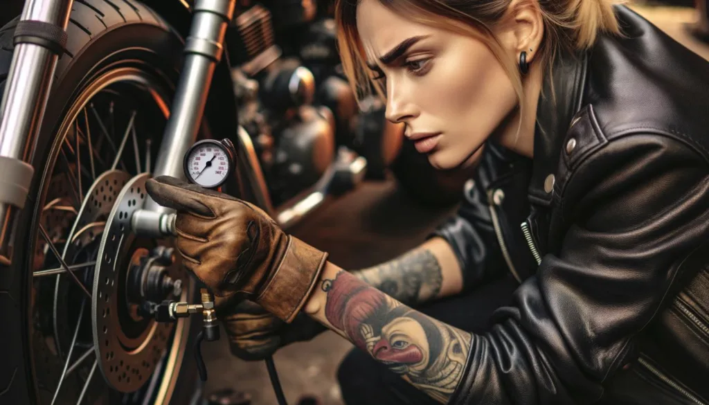 A woman checks the tire pressure of her motorcycle for a monthly motorcycle winter storage check.