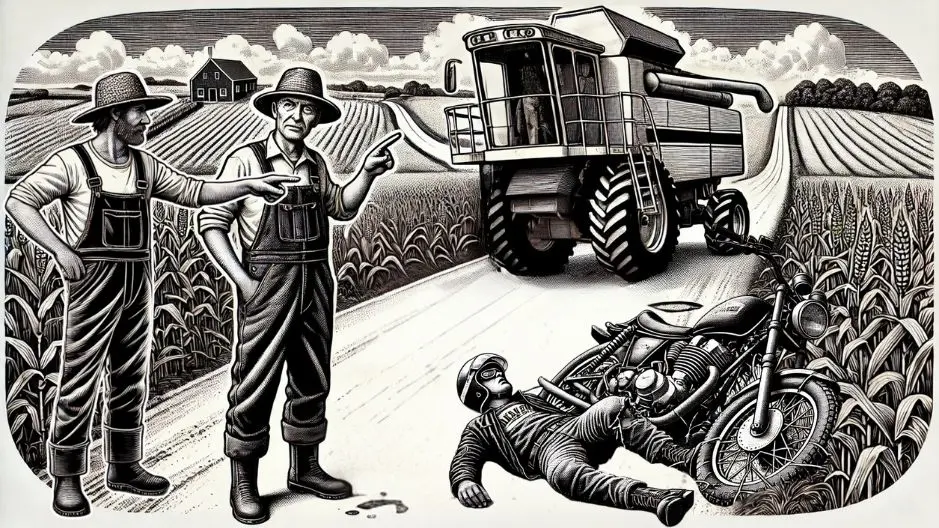 Illustration of two farmers discussing fault as a biker lays injured on the side of a road after passing a combine at an intersection.