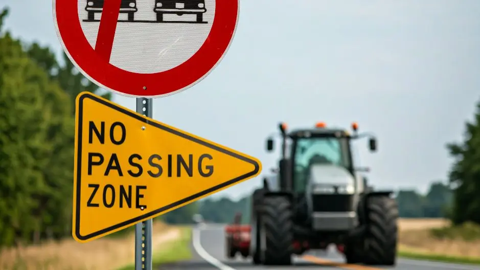 A tractor on a highway. In the foreground is a No Passing sign.