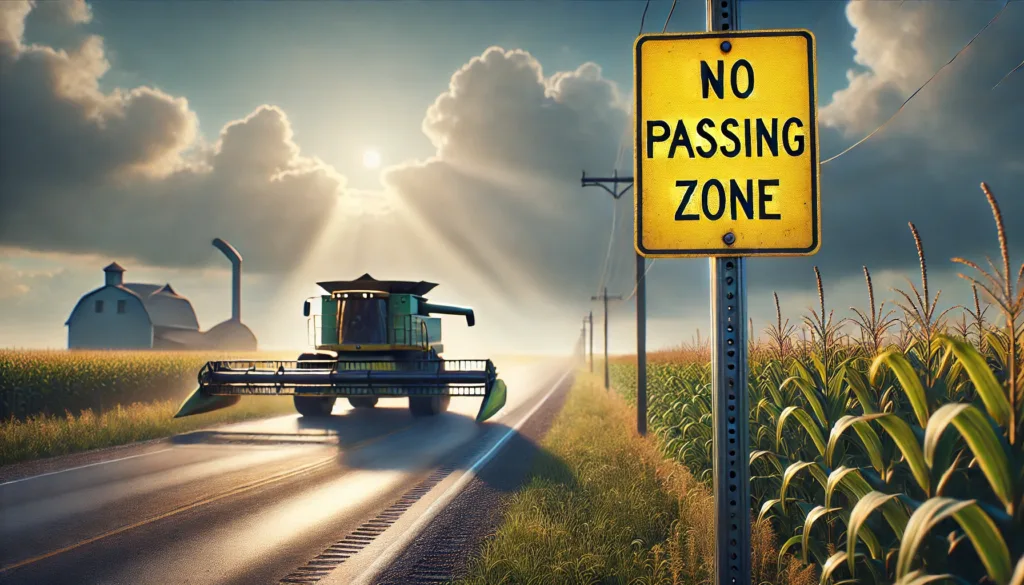 Image of a combine on a highway for an article about how to safely pass farm equipment in Iowa. In the foreground is a no passing zone sign
