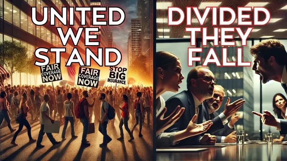 A split image with the text UNITED WE STAND, on the left with imagry of protesters, and DIVIDED THEY FALL, on the right with a picture of boardroom executives arguing.