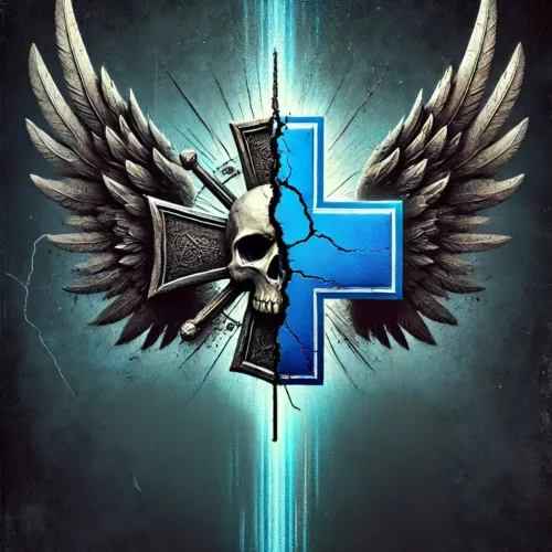 Image of a winged skull over an iron cross with a broken blue cross over the right side of the image symbolizing broken trust in the insurance industry.