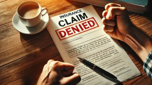A frustrated person clenching fists over a denied insurance claim form, capturing the emotional impact of claim rejection.