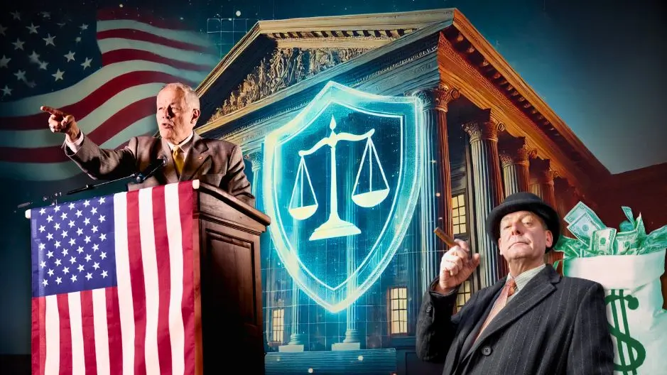 An impactful image illustrating political and corporate influence. On the left, a politician passionately speaks at a podium adorned with the American flag, symbolizing justice and public service. In the background, the facade of a grand courthouse with glowing scales of justice superimposed highlights the theme of legal and ethical accountability. On the right, a wealthy lobbyist, dressed in a pinstripe suit and hat, smirks while holding a cigar, standing beside a bag overflowing with cash, representing corruption and undue influence in governance. The juxtaposition creates a stark commentary on the battle between justice and greed.