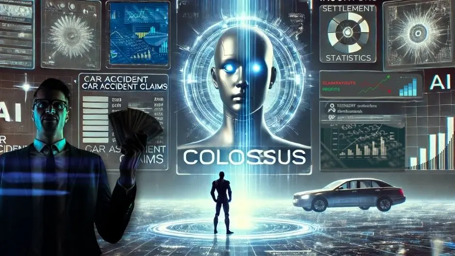 A futuristic AI system labeled 'Colossus' surrounded by glowing graphs and car accident claim data. A shadowy figure holding money represents insurance profits, while a smaller human figure stands in front of the AI, symbolizing the battle for fair settlements.
