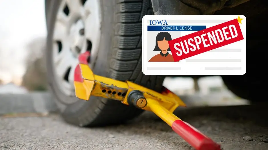 A close-up of a car tire with a boot and a graphic showing an Iowa License with the word 