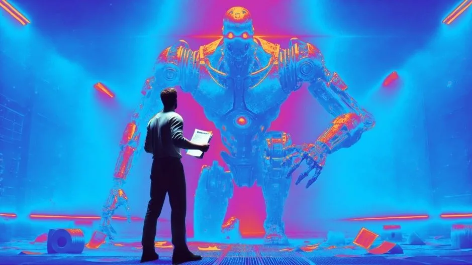 A dramatic neon-lit scene of a man holding medical records, facing off against a large, menacing AI robot labeled 'Colossus.' The colors invoke a ‘Predator Vision’ aesthetic, representing the struggle between humans and AI-driven settlement systems.
