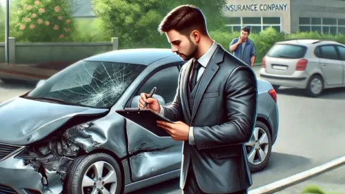 An insurance adjuster at the scene of a minor car accident, inspecting a vehicle with visible side damage.