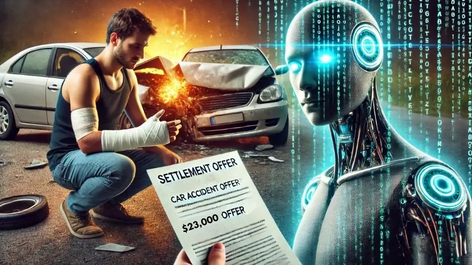 An injured man kneeling in front of a car accident scene, facing a futuristic AI robot symbolizing Colossus. The text reads ‘The Cold Truth: How AI Decides Your Settlement Amount,’ representing the unfair nature of AI-driven settlement offers.