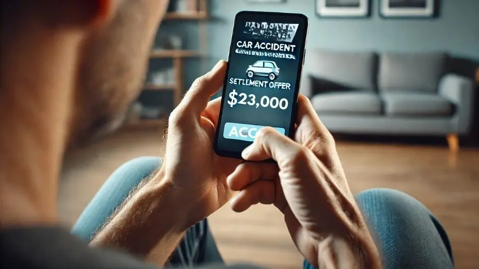 Over-the-shoulder view of a person holding a smartphone displaying a car accident settlement offer of $23,000. The person appears frustrated, symbolizing the emotional impact of receiving a lowball offer from an insurance company. The person contemplates calling The Biker Lawyers, personal injury law firm to help negotiate a fair settlement