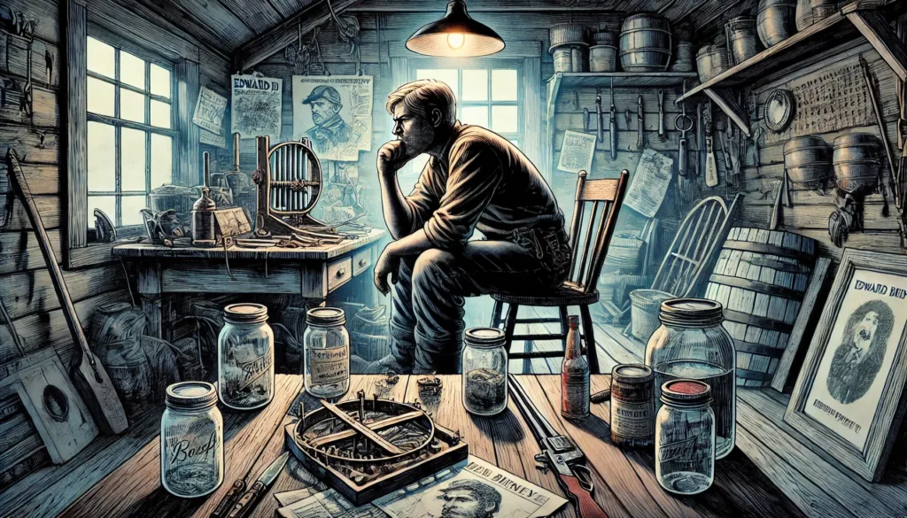 An illustration of Edward Briney sitting at a cluttered wooden table in a dimly lit farmhouse, surrounded by mason jars, old tools, and sketches of a trap. His frustrated expression reflects his determination to address trespassing issues. The rustic interior and overhead light create a tense and contemplative atmosphere.