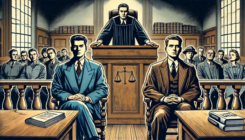 An illustrated dramatic courtroom scene showing Edward Briney and Marvin Katko seated on opposite sides. Briney displays a defiant expression, while Katko looks assertive. The judge, positioned centrally, delivers a verdict. The setting features wooden benches, stacks of legal documents, and an attentive audience, creating a serious and intense atmosphere.