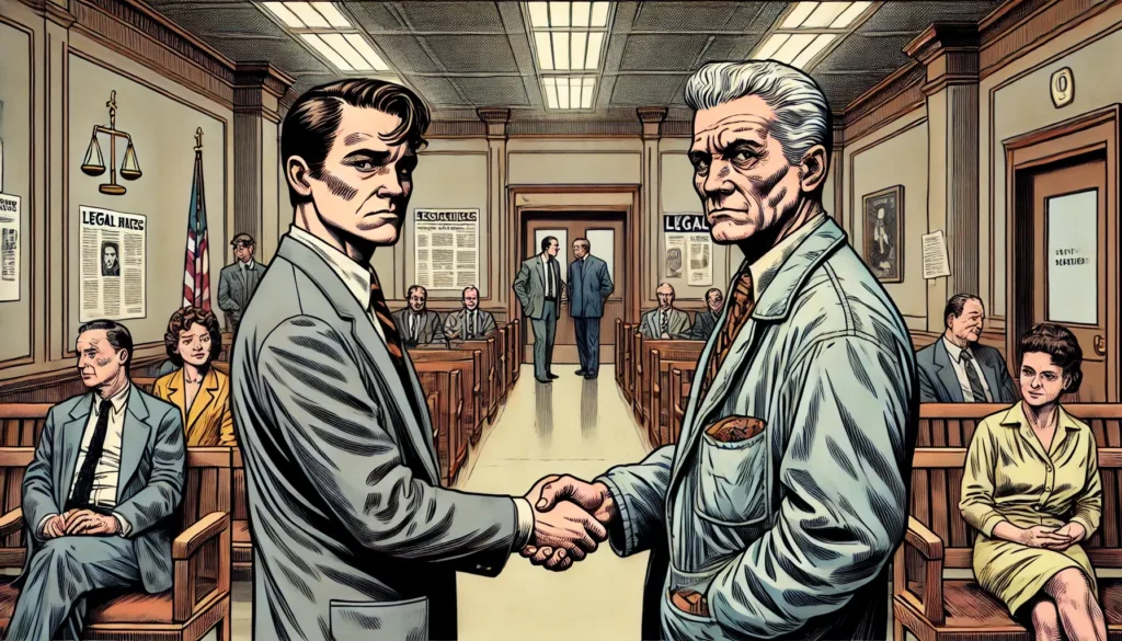 Edward Briney and Marvin Katko reluctantly shake hands in a courthouse hallway, their expressions strained to reflect an uneasy alliance The corridor includes benches, legal notices, and a few passing people, emphasizing the legal tension and irony.