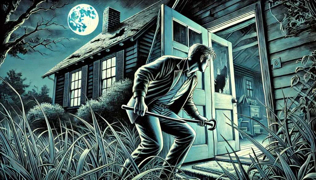 Illustration of Marvin Katko, holding a crowbar, after he pries open the door of a dark, dilapidated farmhouse under the cover of night. The scene is eerie, with overgrown grass, broken windows, and dim moonlight casting long shadows. His cautious expression and stealthy posture create a tense atmosphere.