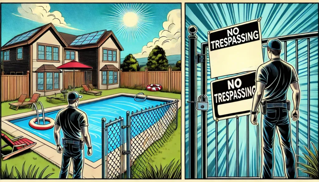 A property owner secures a backyard pool with a tall fence and signs that read 'Private Property.' The gate features a sturdy lock, and the scene is set on a sunny day with a calm and secure atmosphere, emphasizing responsible property ownership and liability prevention
