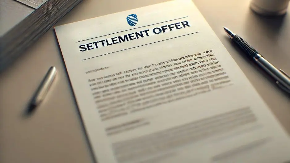 A close-up of a demand letter with 'Settlement Offer' prominently displayed at the top, placed on a clean table with a pen beside it. The letter is typed on professional stationery, with a signature line visible at the bottom. The background is softly blurred to emphasize the letter, creating a formal and professional tone.