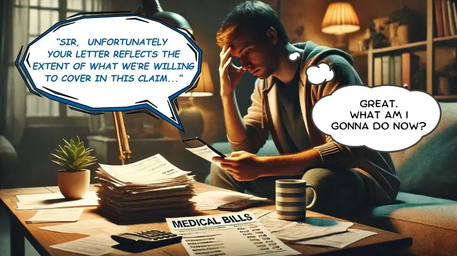 A person sitting at a table indoors, holding a phone in one hand, with a stack of medical bills in front of them. The setting is a cozy living room with warm lighting, and the table is cluttered with papers, a coffee cup, and a calculator, highlighting financial stress and frustration.