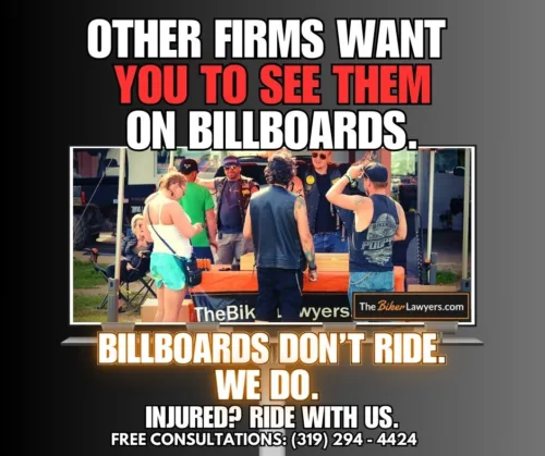 A meme about how other personal injury law firms throw money at billboards while The Biker Lawyers are on the road and at events meeting the community.