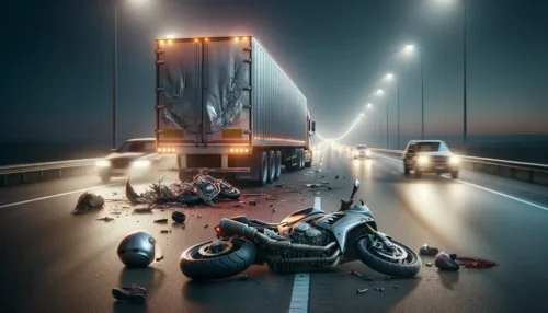 Harrowing Scene of a straight stretch of highway showcasing the aftermath of a motorcycle crashing into the back of a stationary semi-truck trailer