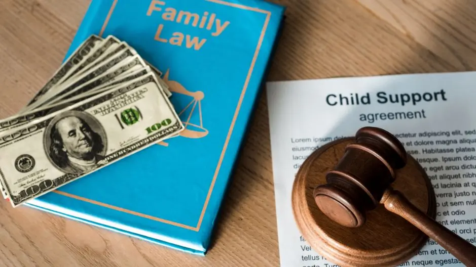 Money sits atop a blue family law book with a gavel sitting on child support documents representing the money behind family law