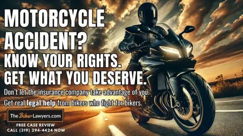 A powerful image of a biker on the road at sunset, riding confidently with a dramatic sky in the background. The biker is wearing full protective gear. Text reads