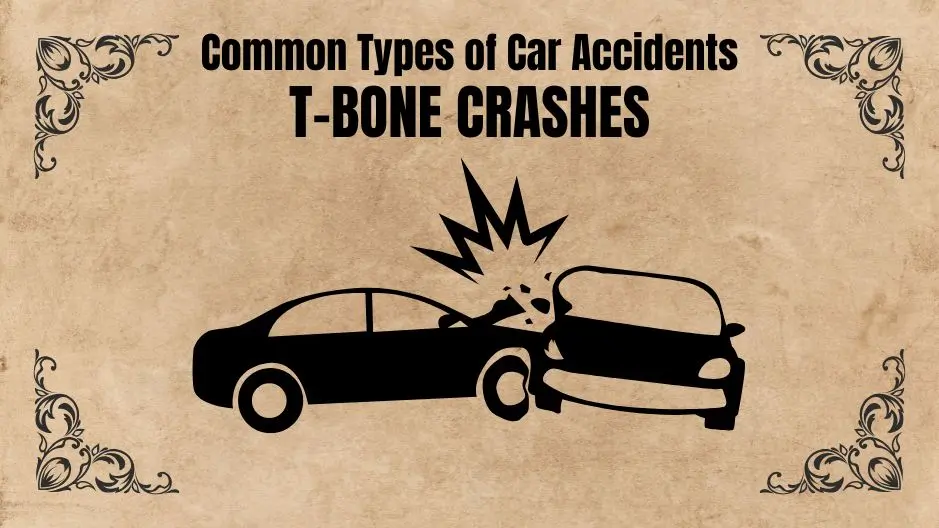 Image illustrating two cars involved in a side-impact (T-Bone) collision. For an article about car accident personal injuries by The Biker Lawyers