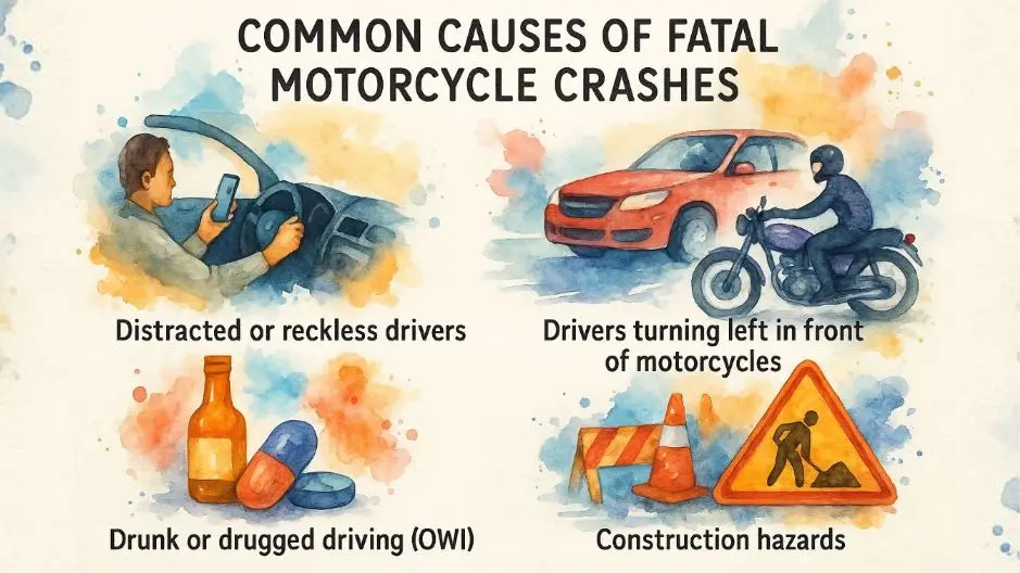 Infographic showing common causes of fatal motorcycle crashes leading to a wrongful death claim