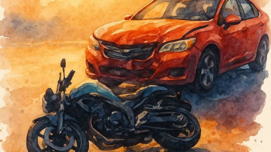 Image of a motorcycle after a crash with a car for an article abotu how Iowa is an at-fault state