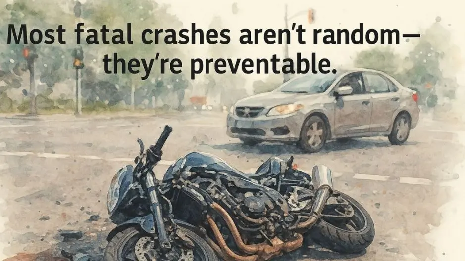 Wrecked motorcycle at crash scene involving a left-turning vehicle