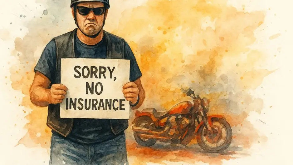 Painting of a biker holding up a sign that says Sorry, No Insurance