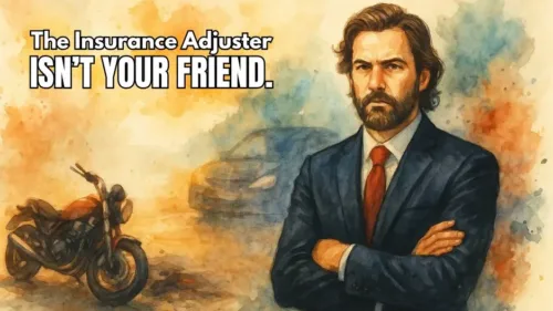 Digital painting of an insurance adjuster with the text 'The insurance Adjuster isn't your friend'