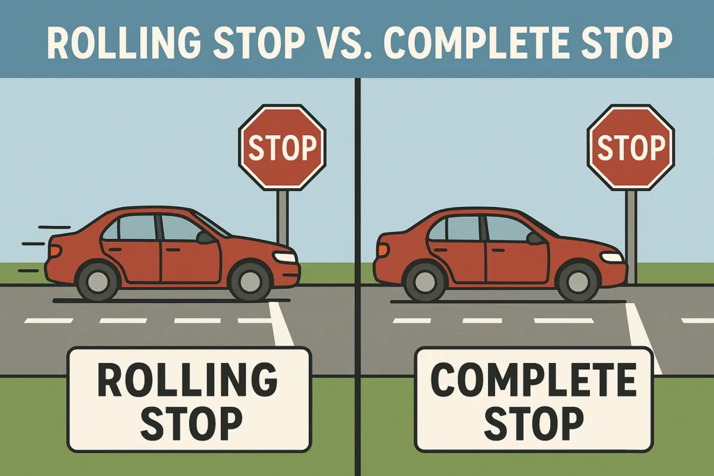 Infographic comparing a complete stop with a rolling stop at an intersection.