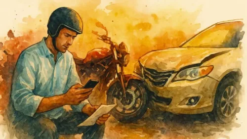 Watercolor painting A man calling 911 after a motorcycle accident