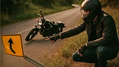 A motorcyclist in a black helmet and leather jacket crouches beside a rural road, pointing angrily at a bent, twisted left-turn road sign. His fallen motorcycle lies behind him near the road's edge.