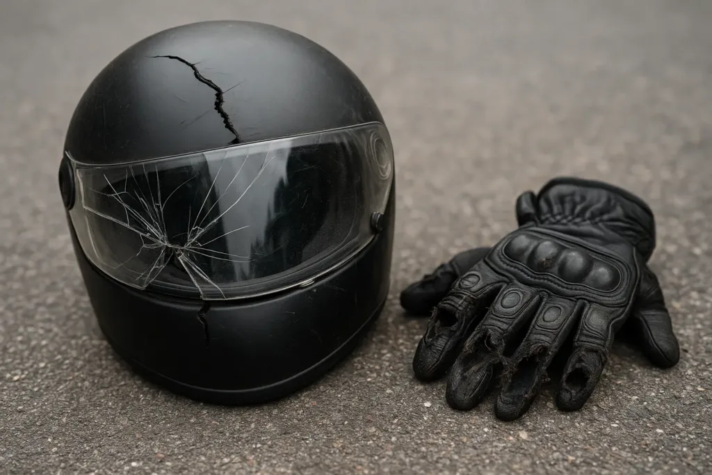 Image of a cracked motorcycle helmet and shredded riding gloves for an article about property damage claims after a motorcycle crash