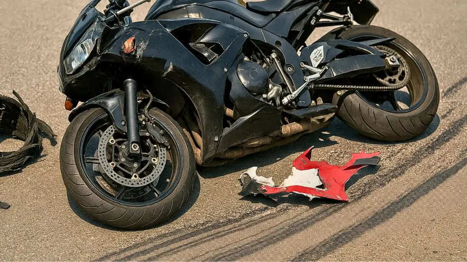 A damaged black sport motorcycle lies on its side on a road with fresh black skid marks, shredded tire debris, a broken red-and-white fairing, and scattered fragments nearby, suggesting a recent crash.