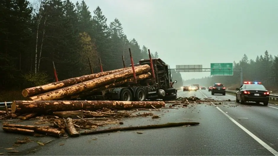 A high-speed highway crash scene shows a logging truck overturned, massive logs spilling across lanes as cars swerve to avoid impact. Shattered windshields and crumpled vehicles add to the chaos under a dark, stormy sky, captured with motion blur and dramatic lighting to convey intense danger.