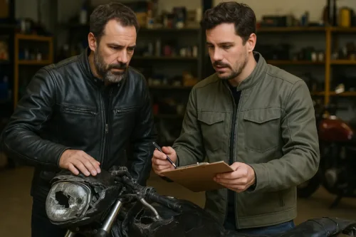 A mechanic holding a clipboard goes over the cost of reparing a damaged motorcycle after a crash while standing in a garage with the owner of the motorcycle.