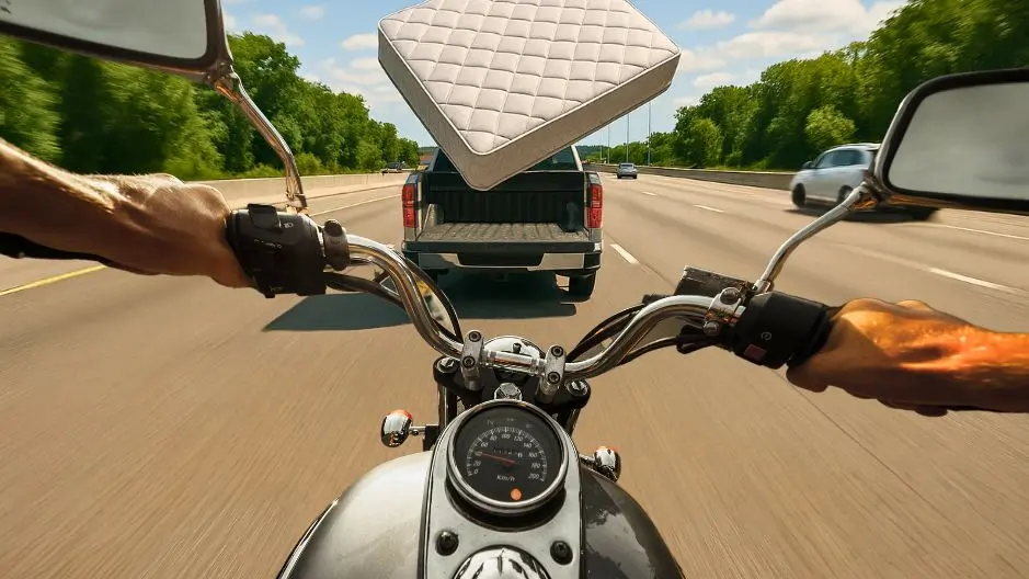 First-person view of a motorcyclist on a highway as a mattress flies off a silver pickup truck with its tailgate open, capturing the split-second before a potential crash.