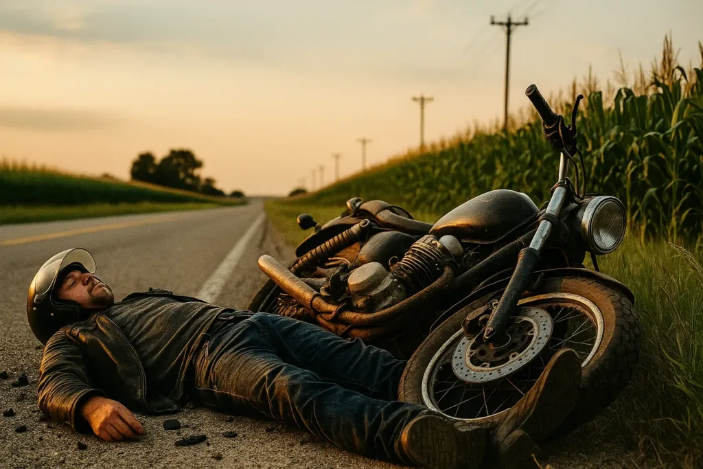 Image of a motorcyclist injured on the side of the road next to his crashed bike