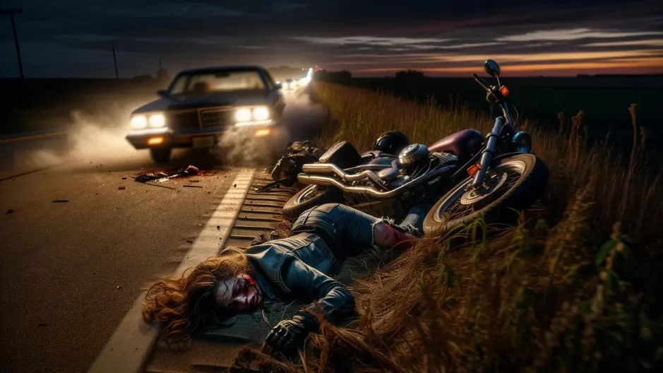A woman lies on the side of the road after a motorcycle accident in the country side